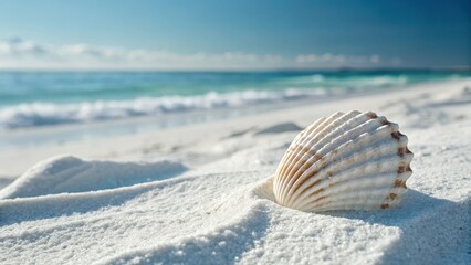 Beautiful seashell resting on pristine white sand beach with turquoise ocean waves and blue sky in background, perfect tropical vacation destination concept