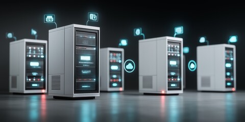 Fototapeta premium Quantum AI Entanglementconcept. Modern server racks with digital connections and interfaces.