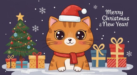 Cute christmas cat with presents and tree for holiday greeting cards