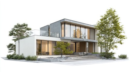 Modern luxury residence with expansive glass walls and natural landscaping