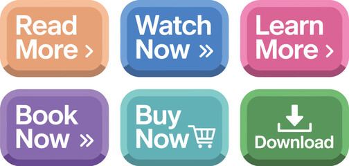 Six colorful rounded buttons with different call to action phrases on a gray background