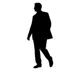 Obraz premium Silhouette of business man walking, depicted in sharp, bold vector shape. Silhouette captures man in motion, stepping forward with confidence and poised posture, against backdrop.