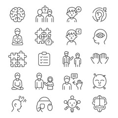 Fototapeta premium Collection of Twenty Black and White Line Icons Depicting Diverse Aspects of Human Psychology Mental Health and Cognitive Processes Including Brain Puzzles People Communication