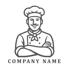 Minimalist black and white logo of a smiling male chef in a classic uniform. The design emphasizes confidence, cleanliness, and culinary professionalism with a timeless, modern aesthetic.