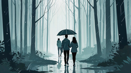A vector image of a Couple in love walking in the woods, nature, forest, mist, on a rainy day with an umbrella in hand.