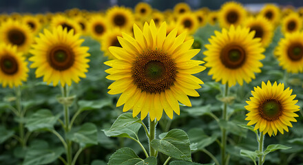 Vast field of vibrant yellow sunflowers under a soft sky, symbolizing summer, agriculture, and natural beauty.
