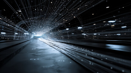 Virtual reality data stream tunnel, glowing wires and code. Virtual abstract fantasy cyber reality room. chars data stream live. Online reality concept. Blue color.