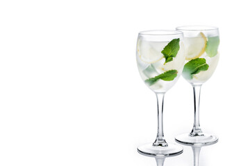 Hugo Spritz cocktail in glass isolated on white background. Copy space