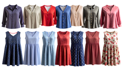  Women's Tunic Top Collection  Assorted Styles and Colors, Isolated on Transparent PNG