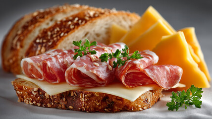 Delicious ham slices with cheese on sesame bread create delightful snack