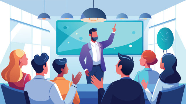 Diverse group of people attending a presentation in a modern conference room