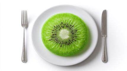 slice as fruit or vegetable on plate with fork and knife, conceptual minimal poster for World Food Day. 3d illustration.