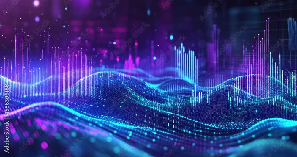 Poster abstract futuristic background with a glowing digital wave and bar graph. data science or technology