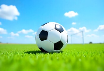 Obraz premium Generative AI Soccer Ball on Lush Field Beneath Azure Sky Ready for Play
