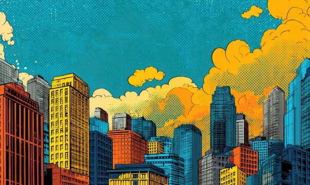 Colorful cityscape skyline with comic book style