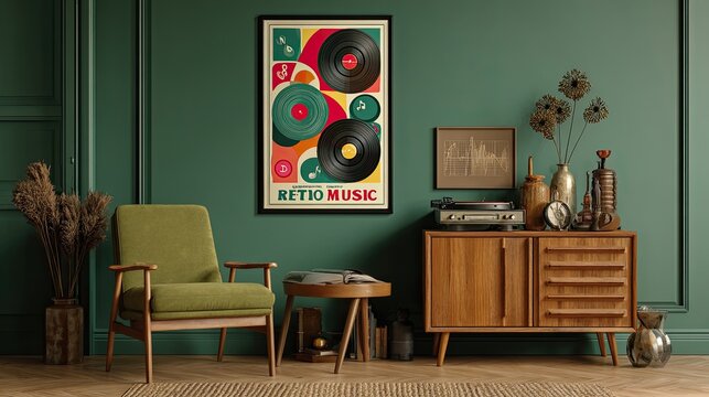 Retro music poster in a mid-century modern living room