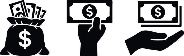 Silhouette of Hand Holding Money and Bag Representing Finance.