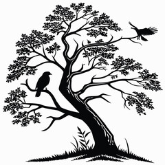 Silhouette of a majestic ancient tree with a bird perched on a branch and another flying overhead