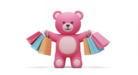 Pink teddy bear holding colorful shopping bags