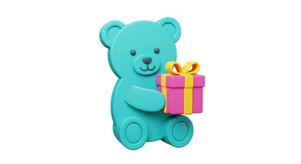 Fototapeta premium Teal teddy bear holding gift