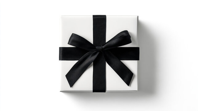 white gift box with tied black bow on the white background. Close-up. Copy space. 3d illustration.
