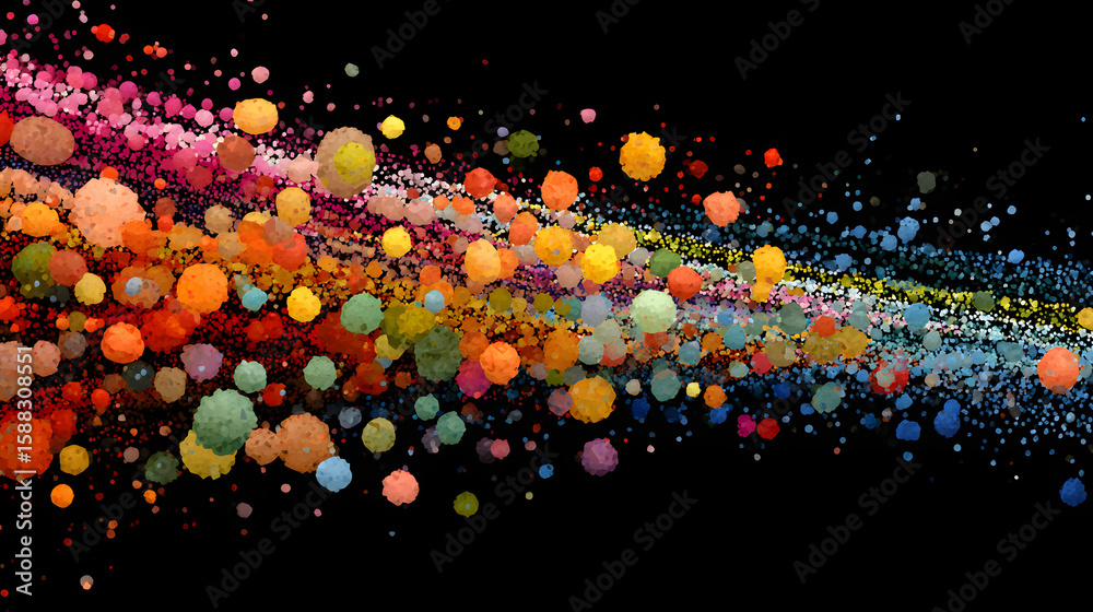 Poster long line of colorful dots that are all different sizes and colors. the dots are arranged in a way t