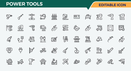 Power Tools line icon set. Contains such icons as tools, construction, repair, power, industry, hardware and more. Instrument modern icon set. Icons for application. Vector illustration.