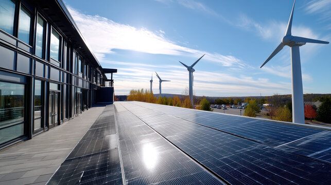 Solar panels on a modern rooftop city skyline. alternative energy source, energy saving, careful attitude to our planet Earth. Ecological energy renewable solar panel plant urban modern - Powered by Adobe