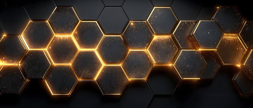 Black and gold background with a pattern of hexagons. The hexagons are illuminated with a golden glow - Powered by Adobe