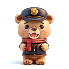 Cute cartoon bear mascot character dressed as a train conductor or train station worker with a smiling face and wea a uniform with a hat and scarf