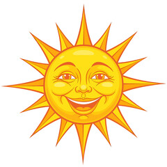 Cartoon illustration of a happy, smiling sun with radiant yellow rays, isolated on a white background.
