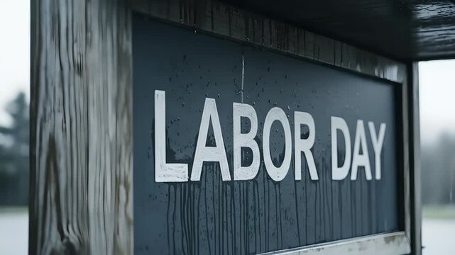 Labor Day sign under rain, holiday celebration message. Ideal for seasonal promotion, advertising, social media campaigns, or digital marketing. Commemorate American workers.
