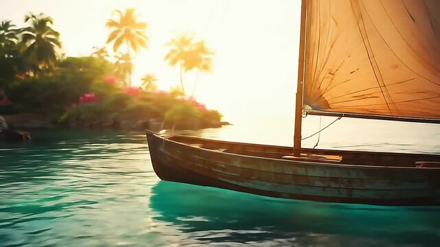A boat drifting through a tranquil lagoon