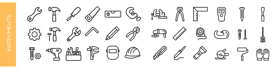 Vector icon set of various tools and instruments, isolated  