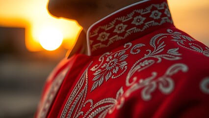 Embroidered charro jacket collar with silver details, showcasing rich red fabric and cultural elegance.