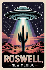 A vibrant travel decal design showcases a classic
flying saucer hovering over the New Mexico desert, perfect for adorning luggage or water bottles