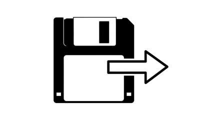 Obraz premium Black and white floppy disk icon with an arrow indicating data export or transfer.