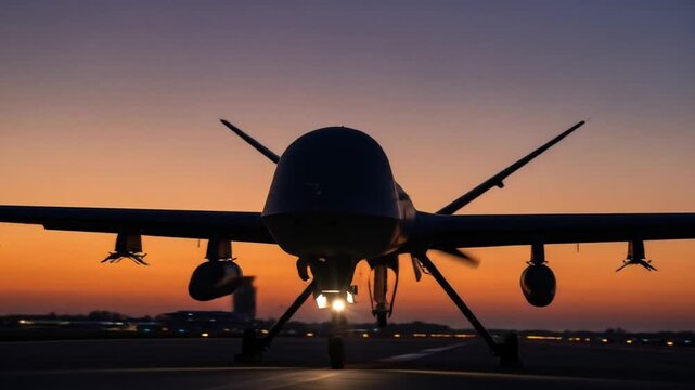 Silhouette of a drone taking off at sunset on a runway technology aviation innovation