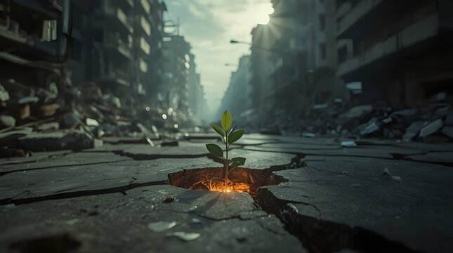3D-rendered plant sprouting in a cracked, ruined city street with a glowing sunrise. Perfect for post-apocalyptic art, environmental themes, or hope-inspired designs.