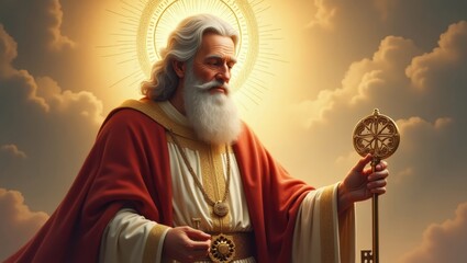 Majestic figure holding a golden key, bathed in celestial light.