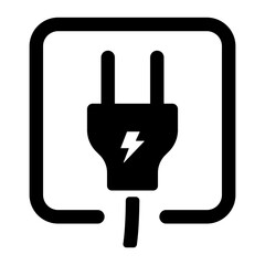 Black and white icon of a power plug with lightning symbol inside a square frame, without background