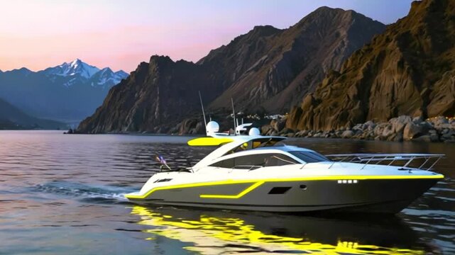 A modern boat floating in a body of water, surrounded by a mountainous landscape. The boat has a contemporary design with vibrant colors and appears to be gliding smoothly through the water.