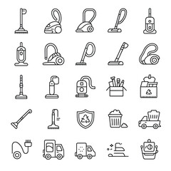 Fototapeta premium Collection of Thirty Black Line Art Cleaning Icons Depicting Vacuum Cleaners Brooms Dustpans Recycling Bins Garbage Trucks and Cleaning Supplies on White Background