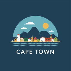 Naklejka premium Vector skyline of Cape Town with colorful houses, ocean, Table Mountain and sun. South African cityscape in flat design