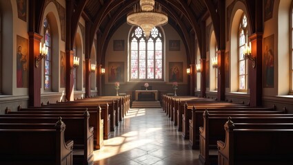 Fototapeta premium Grand church interior with pews and stained glass.