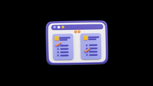 Video Animation 3D Digital Exam screen shows two checklists with orange checkmarks, suitable for productivity, organization, completion, success themes in design projects and presentations.