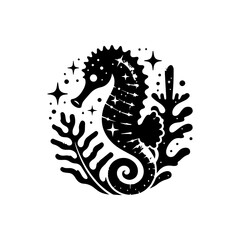 A seahorse with a glittery tail wrapped around coral 
