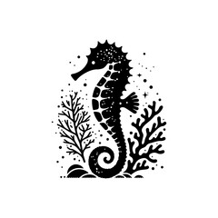 A seahorse with a glittery tail wrapped around coral 