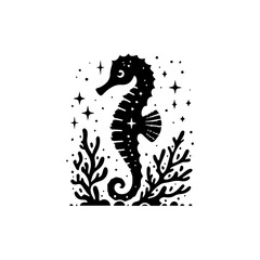 A seahorse with a glittery tail wrapped around coral 