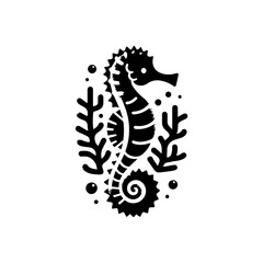 A seahorse with a glittery tail wrapped around coral 